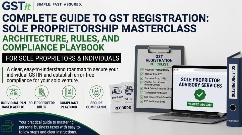 Complete guide infographic for sole proprietorship GST registration featuring a checklist laptop display, GST records folder, and GSTit branding.