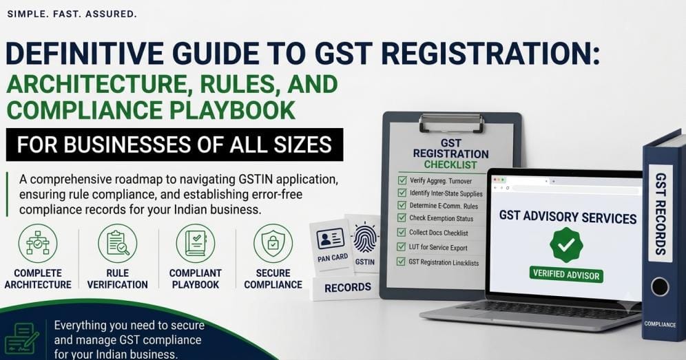 ographic checklist and laptop showing GST advisory services and compliance records for Indian business registration.