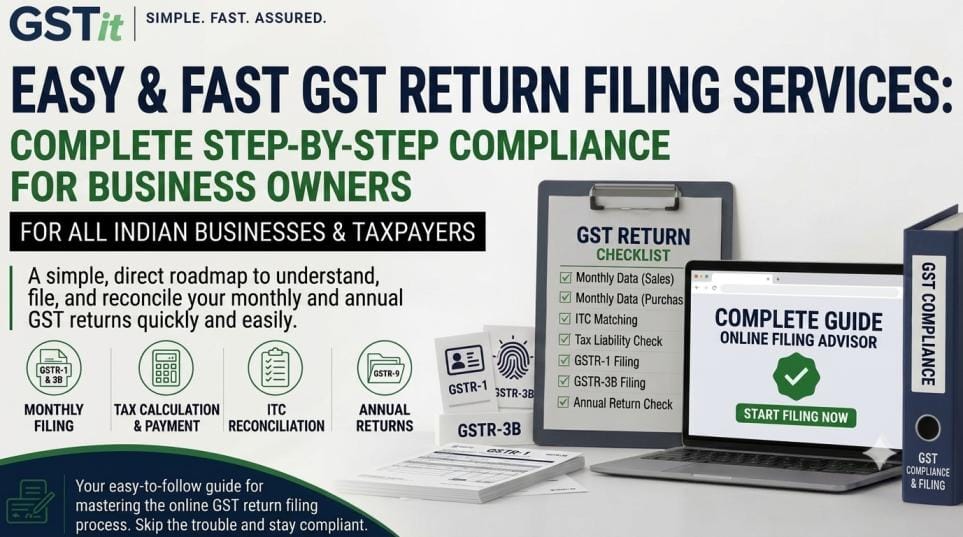 Modern flat illustration of a business person on a laptop managing GST return filing services online, with icons for sales, purchases, ITC reconciliation, and a GSTR form. Optimized for Indian business owners.