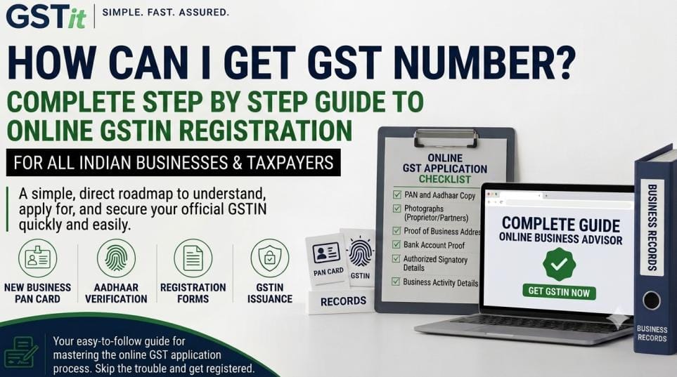 Featured graphic for blog post showing how to get a GST number with step by step guide text, checklist, and online business advisor laptop.